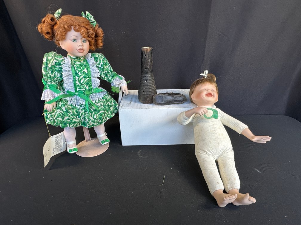 Porcelain Dolls, Wooden Bobbin, and Infant Shoe