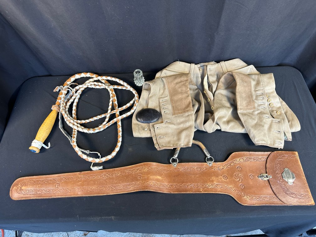 Tooled Leather Scabbard, Braided Whip, Riding Breeches, and More