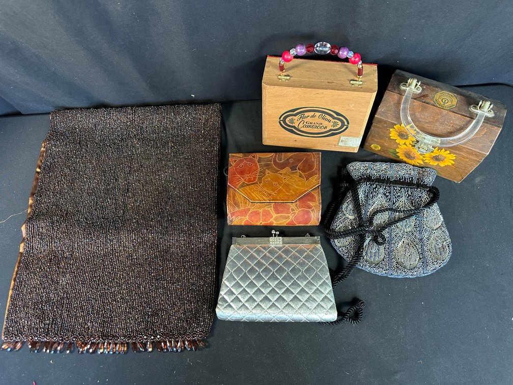 Wooden Box Purses, Beaded Runner, Handbags, and More