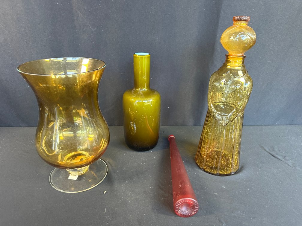 Amber Figural Bottle, Footed Vase, and Colored Glassware