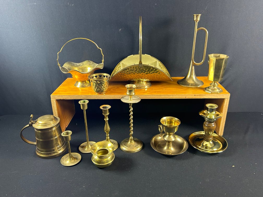 Brass Candlesticks, Stein, Cup, & Others