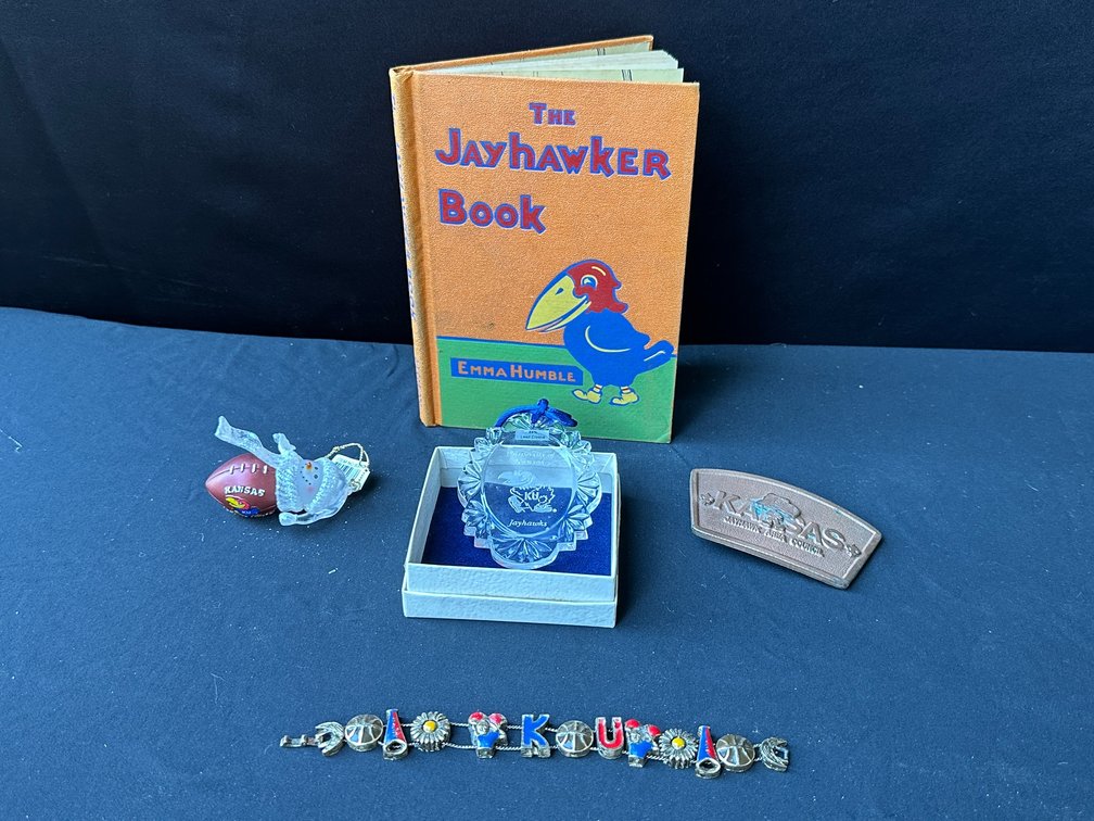 Kansas Jayhawks Book, Ornaments, Belt Buckle, and Bracelet