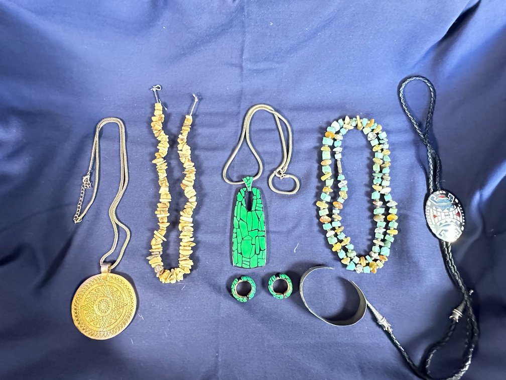 Necklaces, Inlay Bolo Tie, Cuff Bracelet, and Earrings
