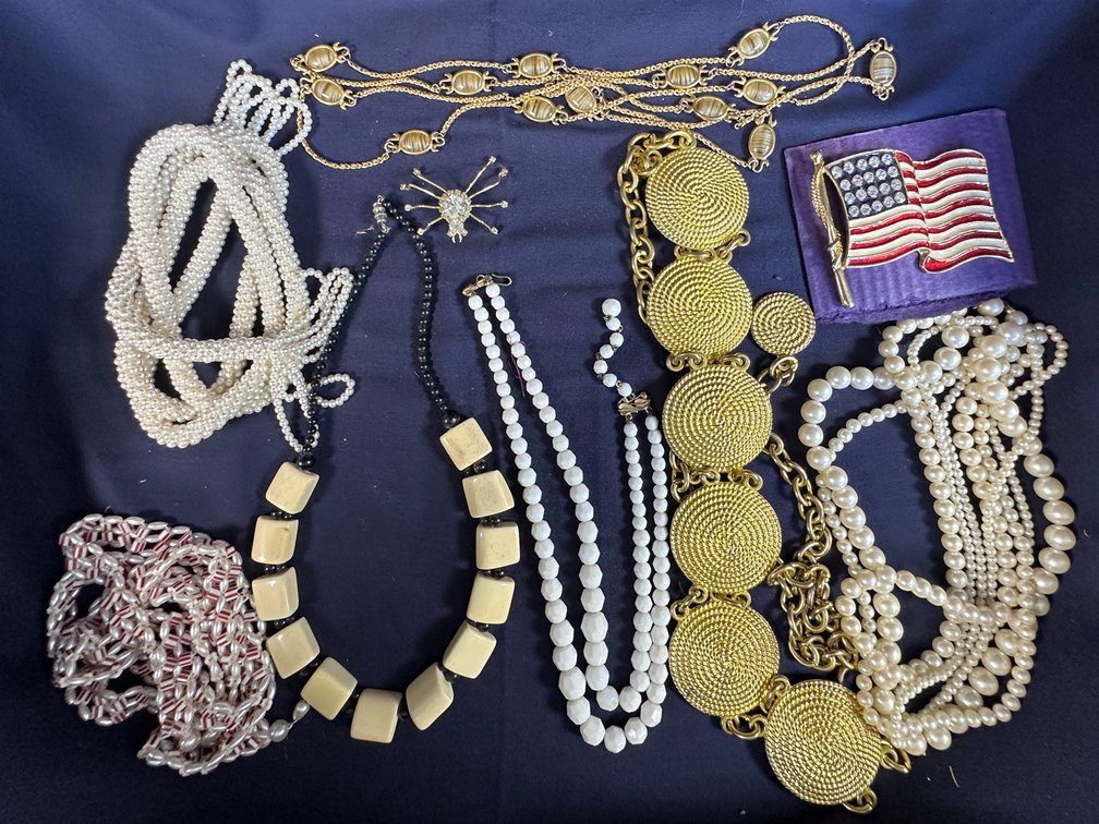 Costume Jewelry Necklaces, Brooches, and Chain Belt