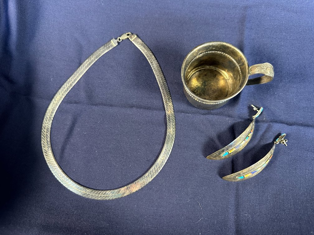 SILVER Herringbone Necklace, Inlaid Drop Earrings, and Handled Cup
