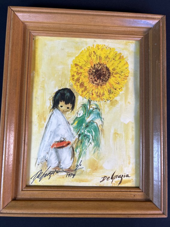 De Grazia Framed Child and Sunflower Artwork