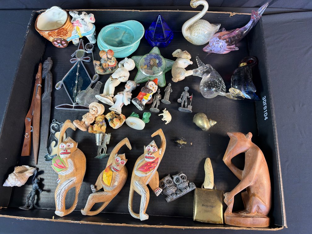 Carved Wood Figurines, Art Glass, and Miniature Collectibles