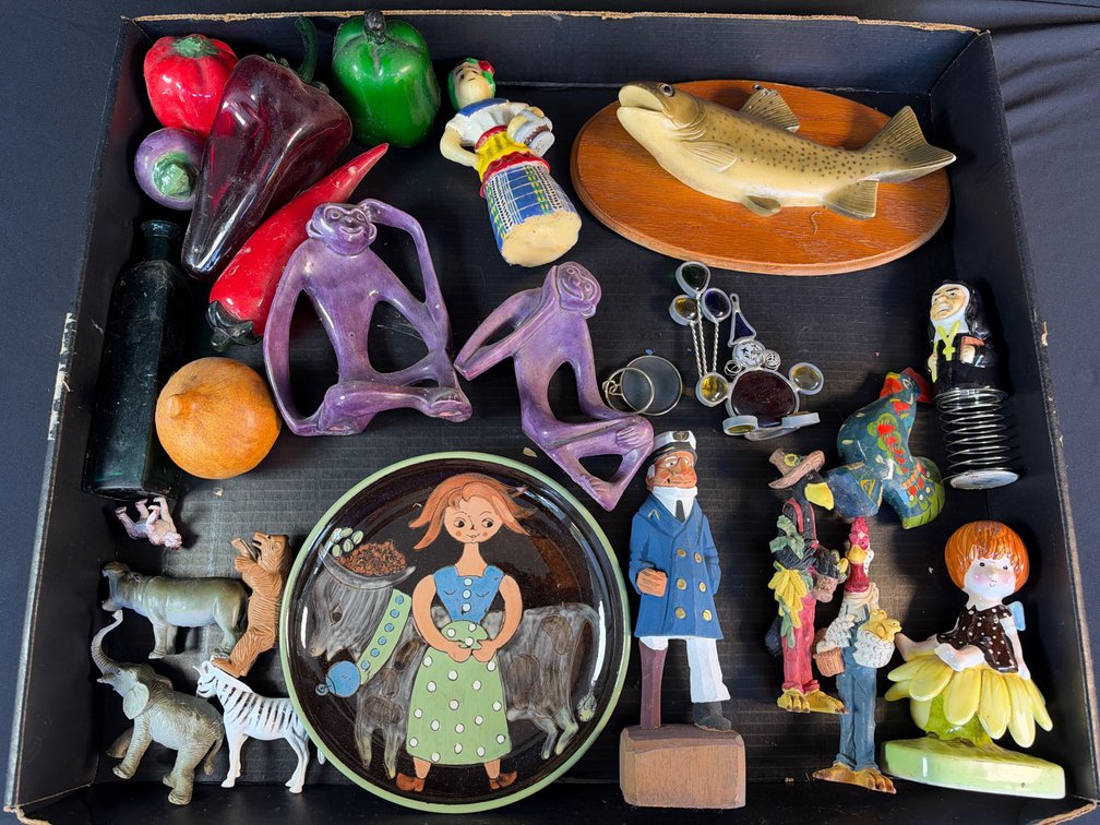 Carved Wood Sailor Figurine, Ceramic Plate, and Figurines