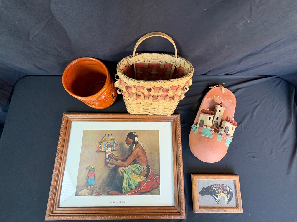 Framed Art, Sand Painting, Pottery, and Woven Basket
