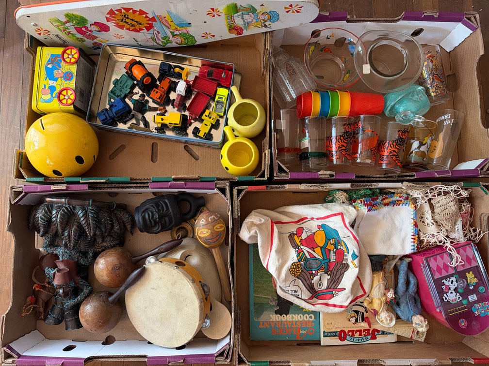 Toys, Percussion Instruments, Glassware, Linens, and More