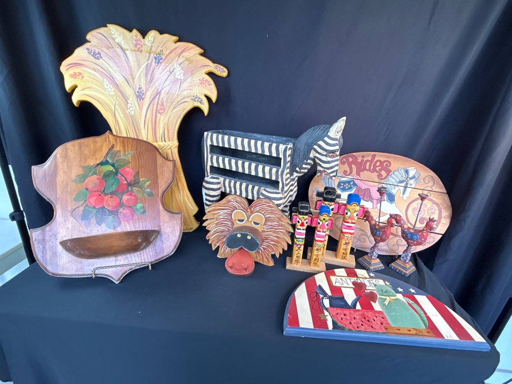 Painted Wooden Folk Art Plaques, Candle Holders, and Signs