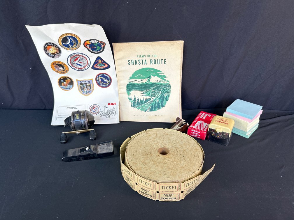 Fishing Reel, Ephemera, Ticket Roll, and Office Supplies