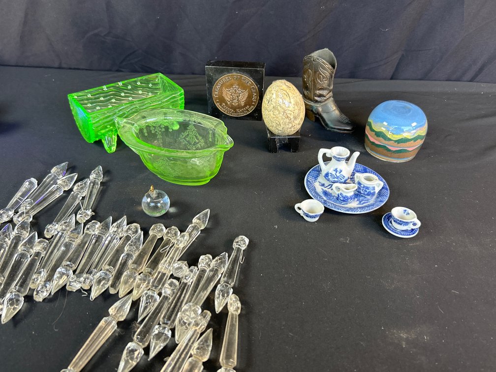 Green Glass Dishes, Chandelier Prisms, Miniature Tea Set, and More