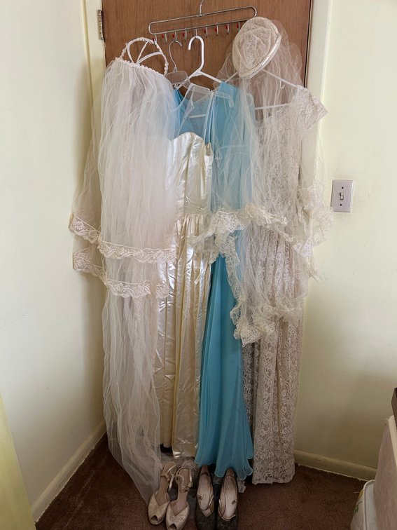 Vintage Wedding Dresses, Veils, Shoes, Light Blue Bridesmaids Dress