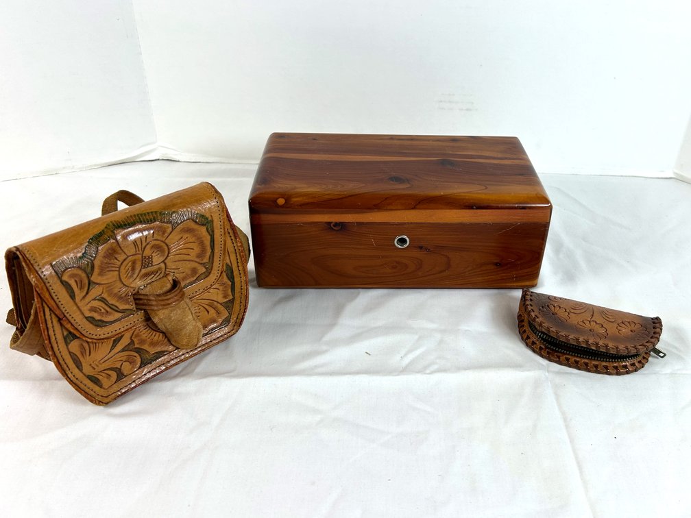 Lane Jewelry Chest and Hand Tooled Leather Purses