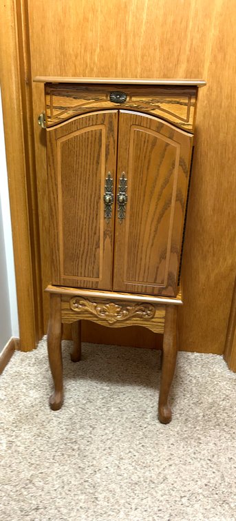 Oak Jewelry Armoire with Flip Up Top and Sides that Open