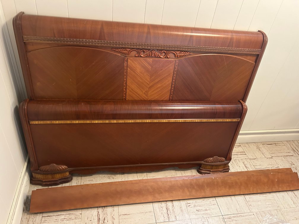 Antique Headboard & Footboard with Carvings & Inlay