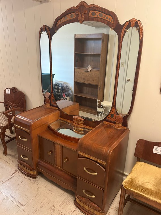 Antique Dresser with Mirror with Carvings & Inlay
