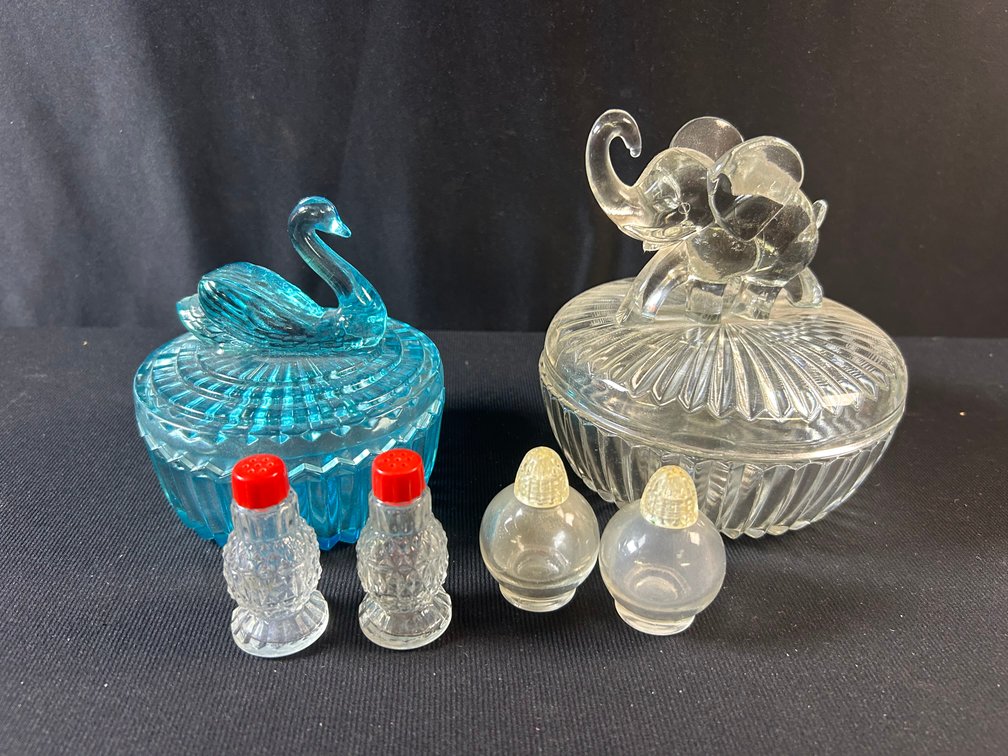 Vintage Elephant and Swan Candy Dishes with Salt & Peppers