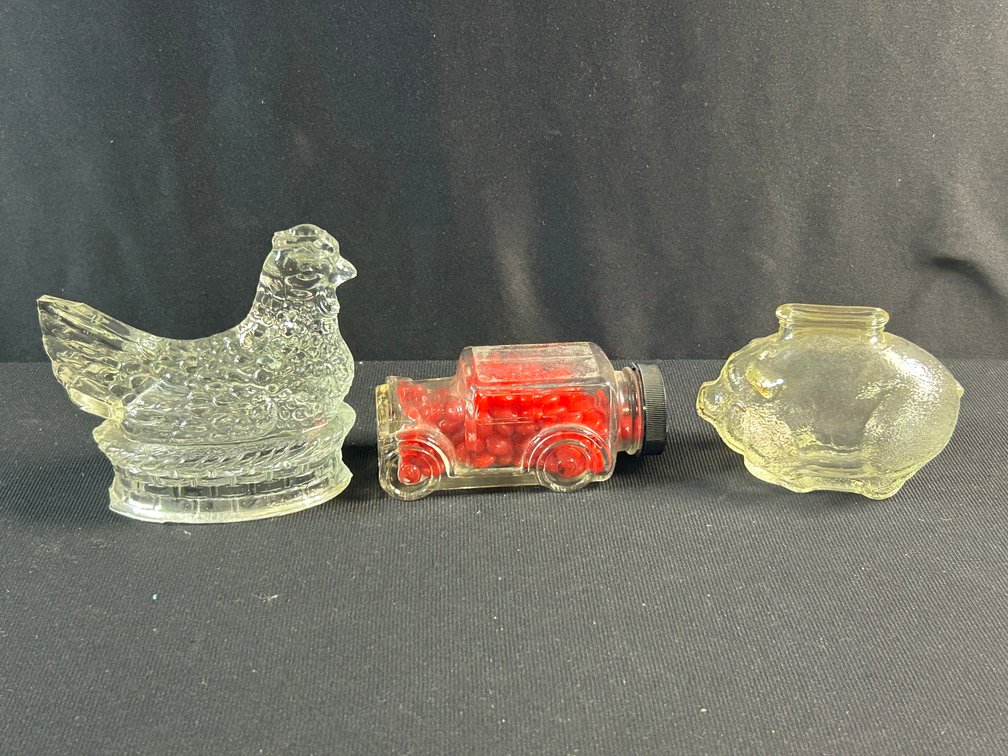 Vintage Car and Chicken Candy Holders with Piggy Bank