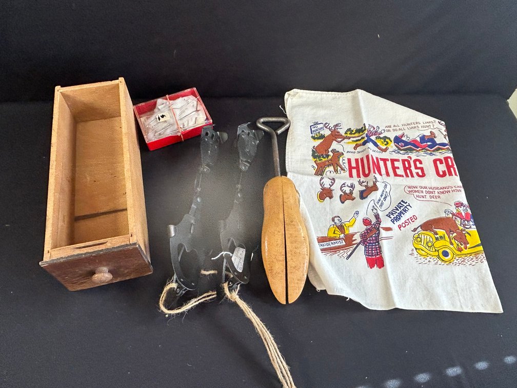 Upholstery Needles with Vintage Shoe Mold, Skates, & Hunter's Towel