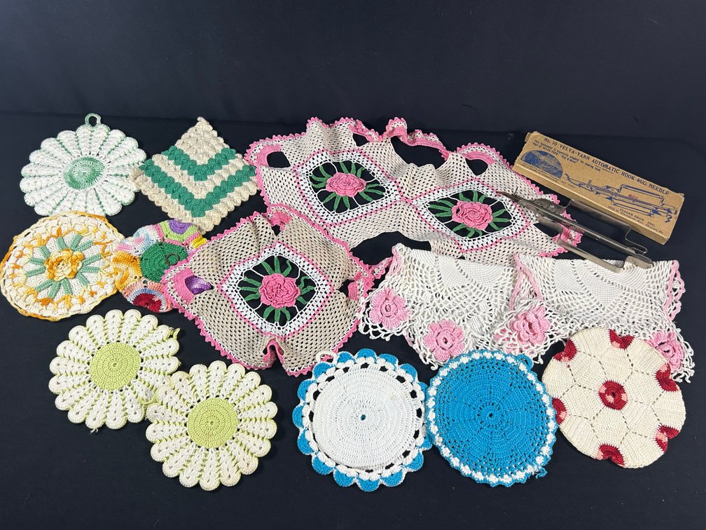 Vintage Hook Rug Needle with Crocheted Items