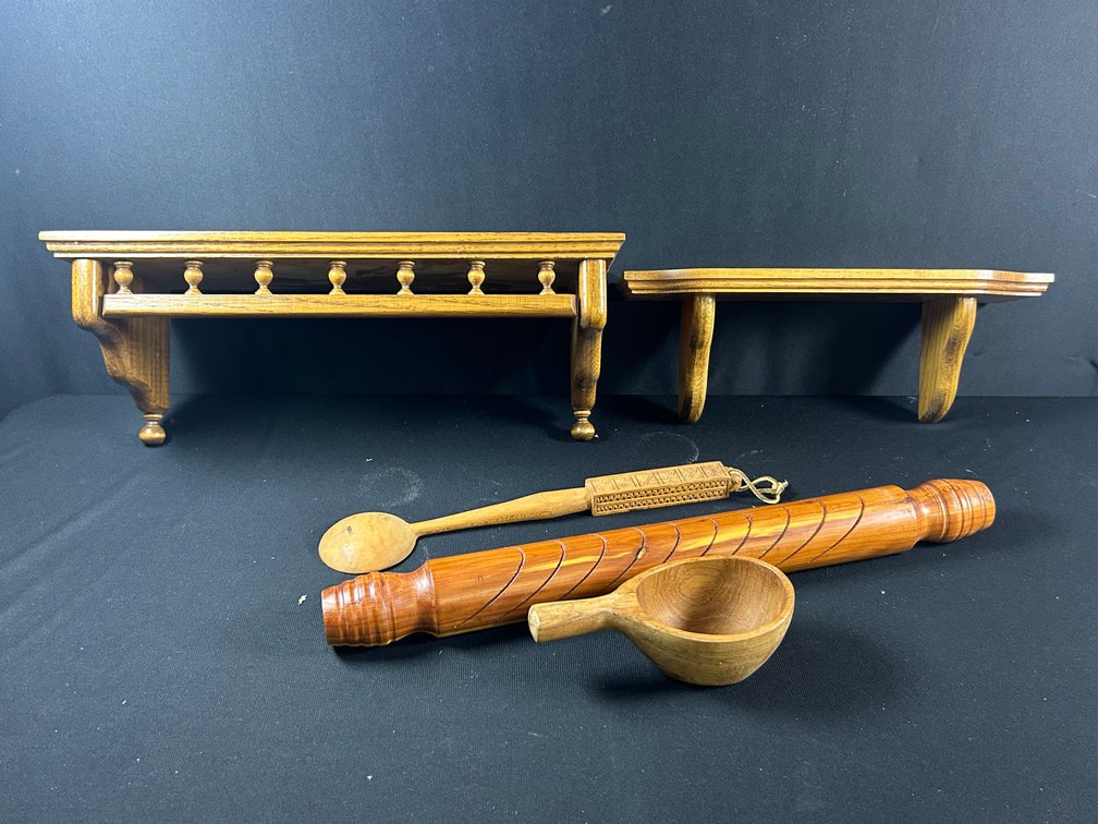 Wooden Shelves, Scoop, & Rolling Pin