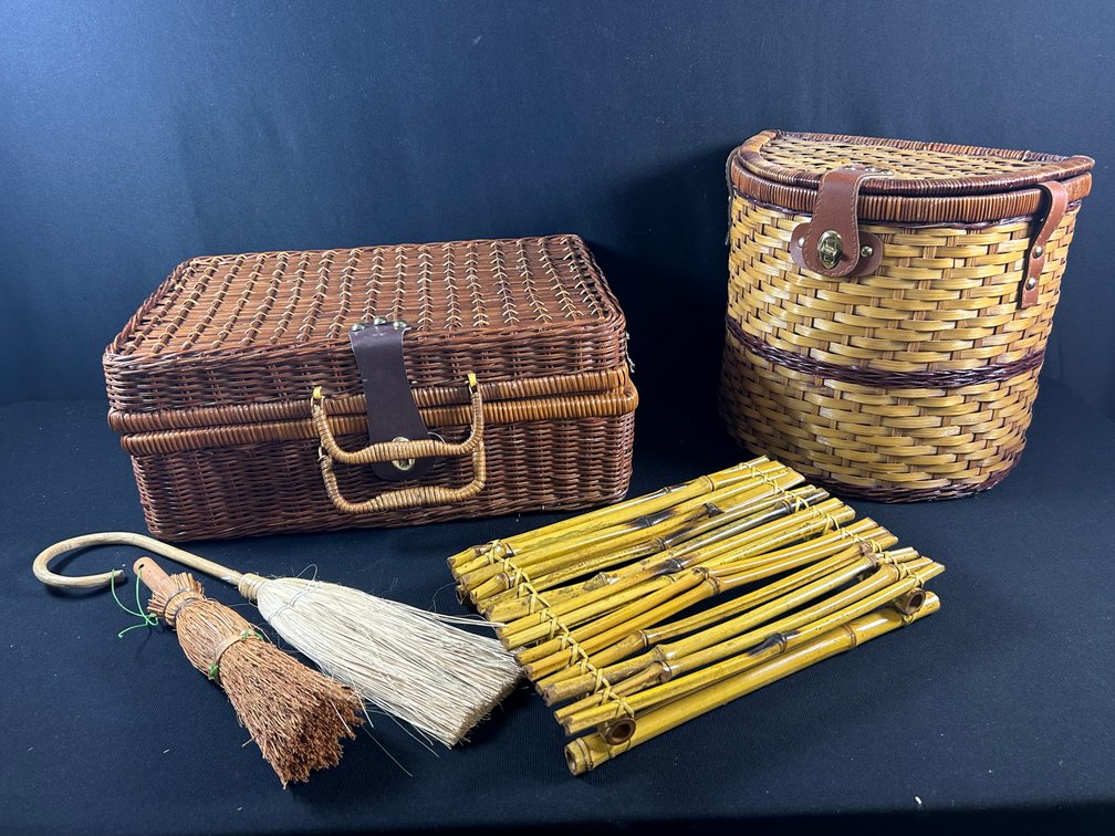Picnic Baskets, Bamboo Stand, & Whisk Brooms