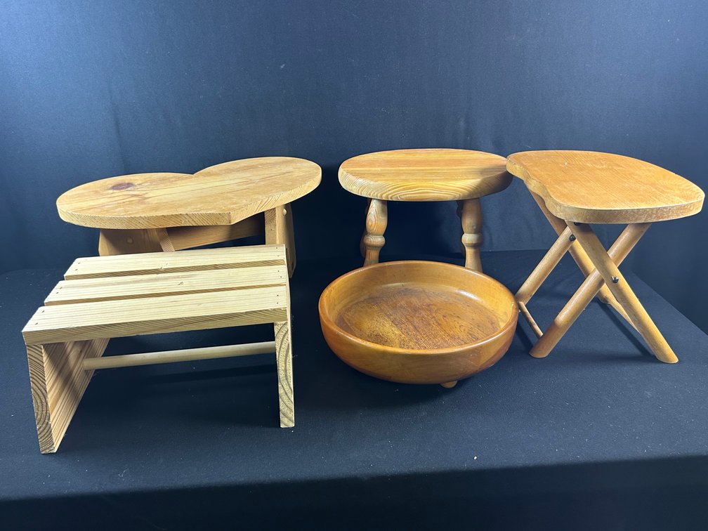 Wooden Stools & Footed Bowl