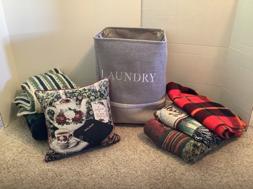 Laundry Basket, Pillow, & Throws