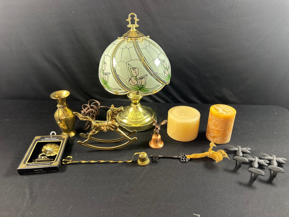 Lamp with Candles and Brass Decor Items