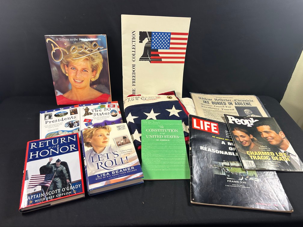 Flag with Historical Papers, Magazines, & Books