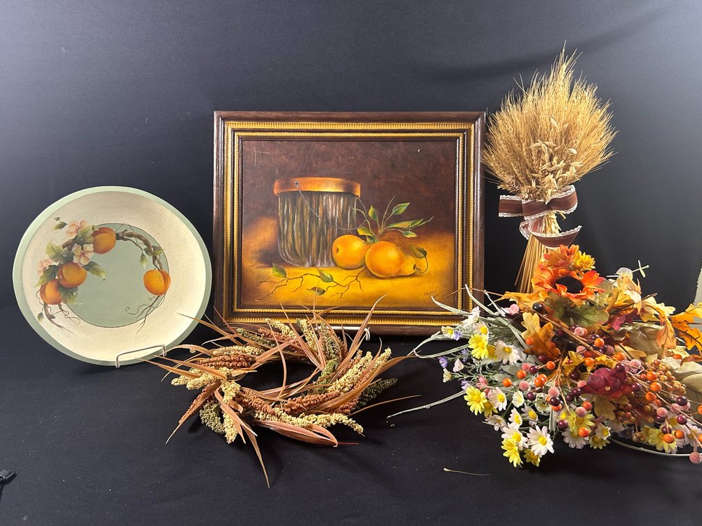 Painted Gourd, Painting, Faux Flowers, & Wheat