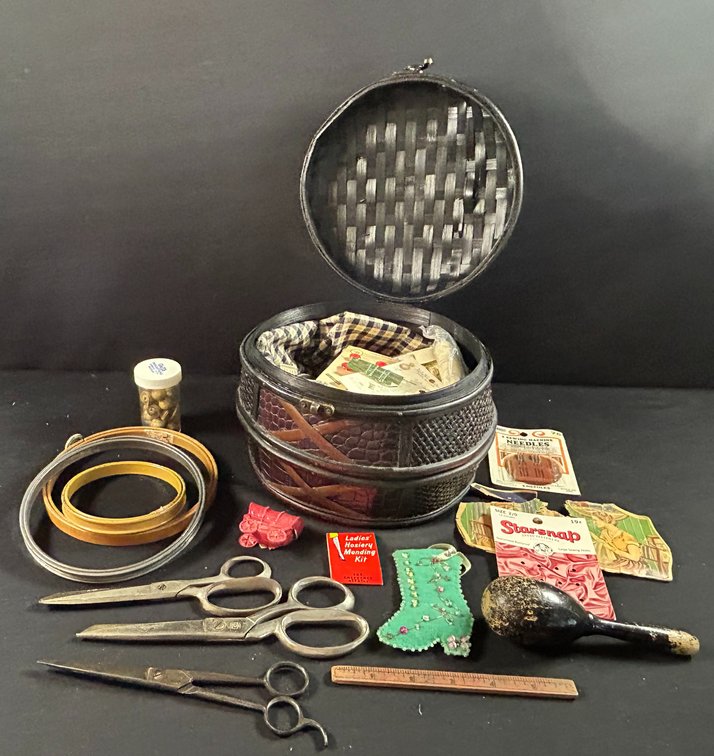Antique Sewing Basket with Vintage Notions