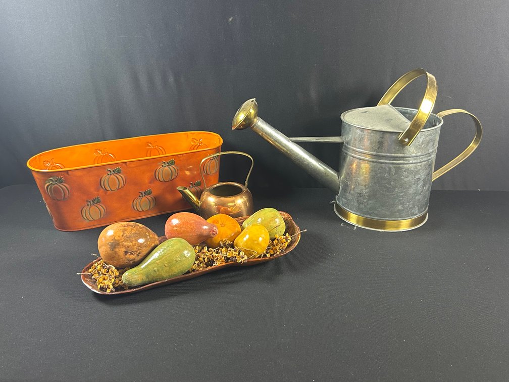 Painted Gourds on Gourd Tray with Watering Cans