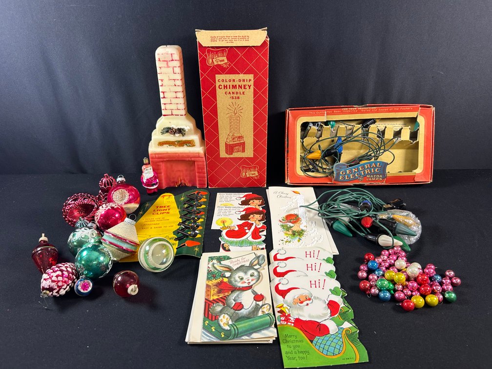 Vintage Ornaments, Candle, & Lights