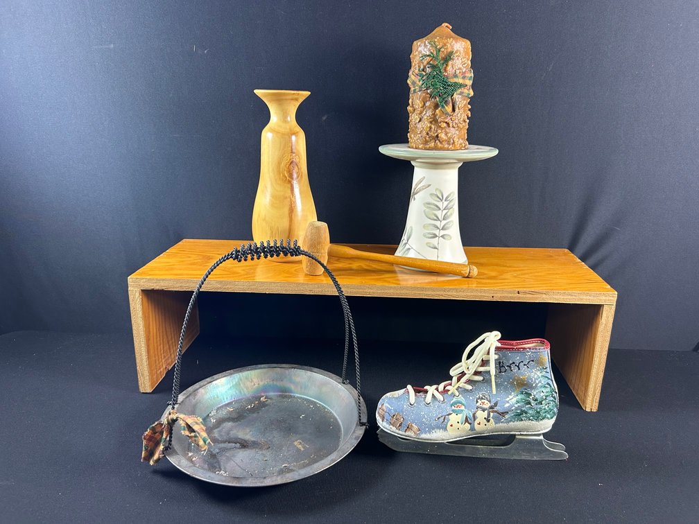 Pfaltzgraff Candle Stand, Painted Skate, Wooden Vase, & Other Decorations