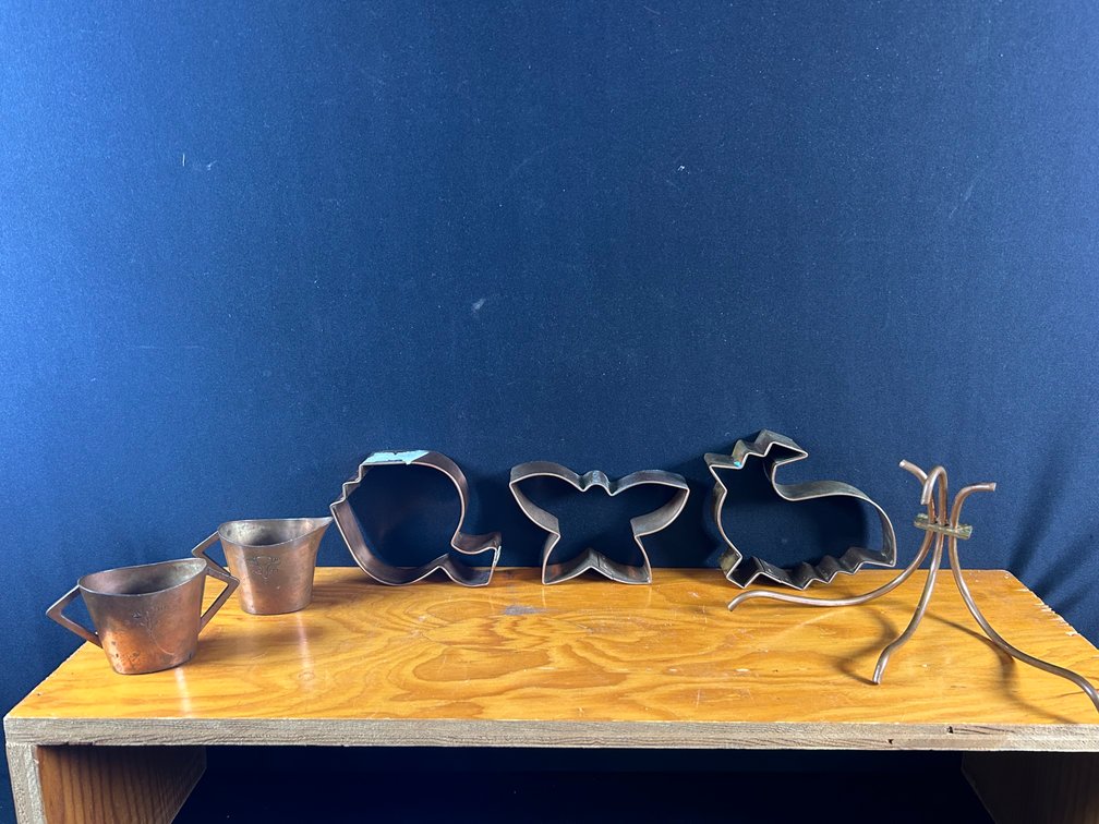 Copper Creamer, Sugar, Cookie Cutters, and Hook