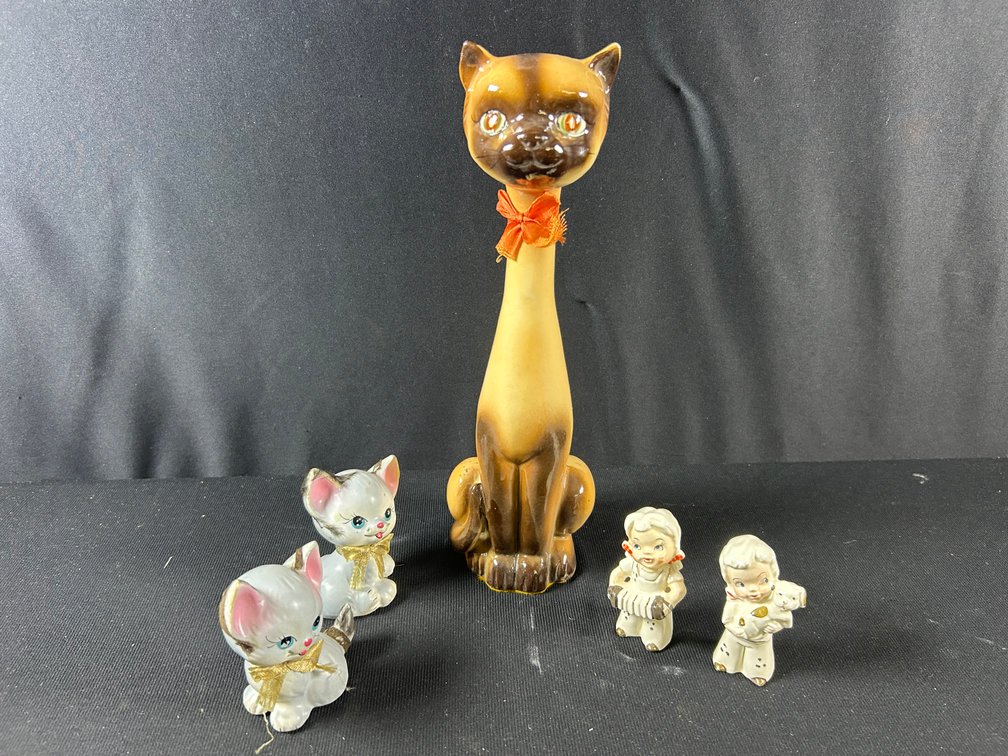 MCM Ceramic Siamese Cat with Children and Cat Figurines