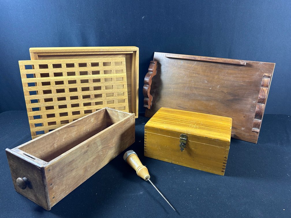 Wooden Boxes, Ice Pick, & Tray