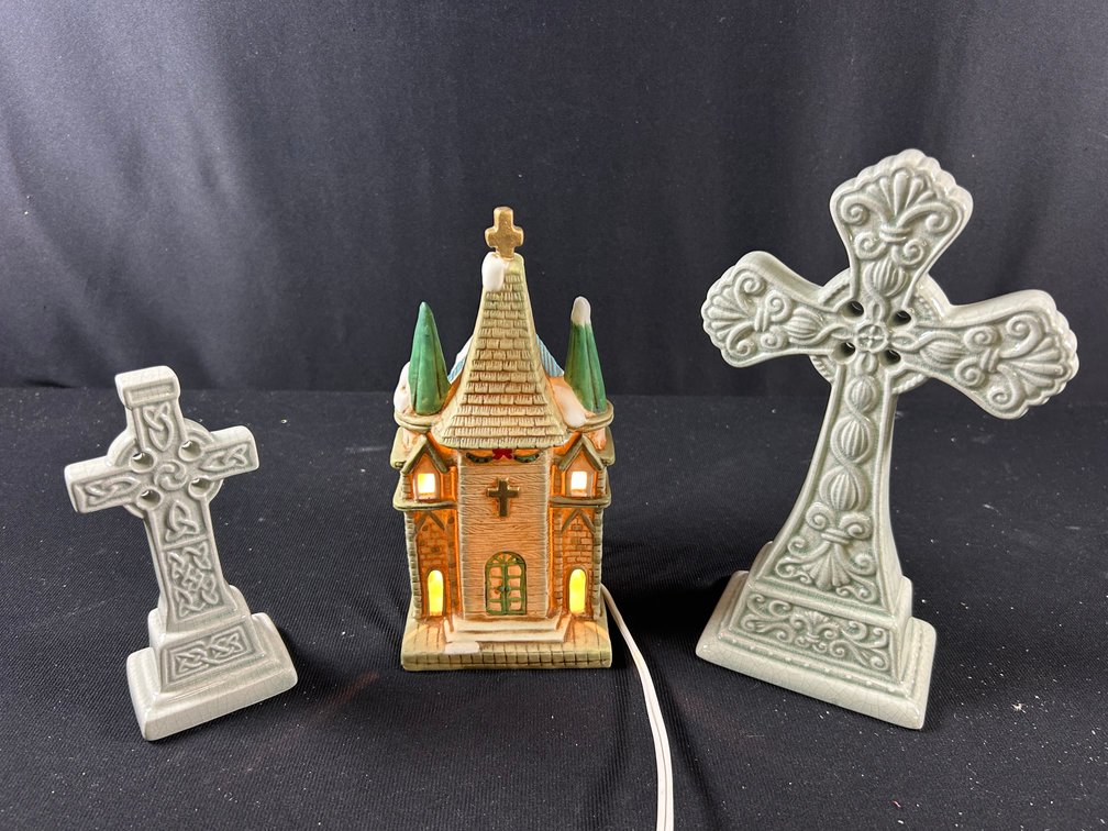 Lighted Church with Celtic Crosses