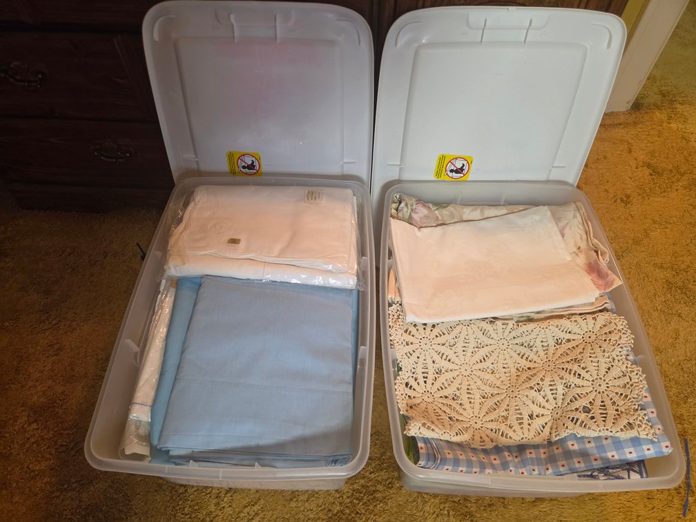 Linens, Lace, Fabric, and Plastic Storage Bins