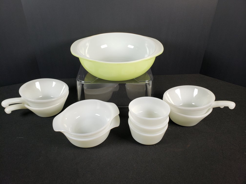 Milk Glass Serving Bowl, Handled Bowls, and Prep Bowls