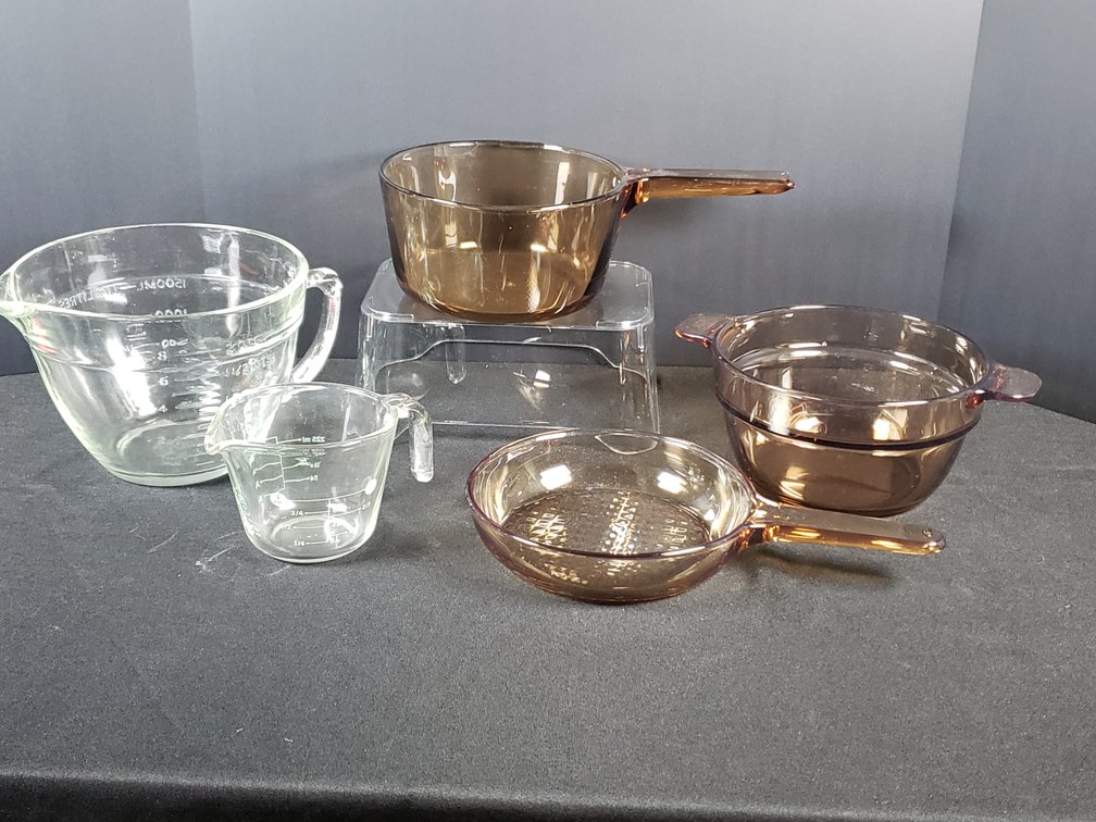 Amber Glass Cookware and Clear Glass Measuring Cups