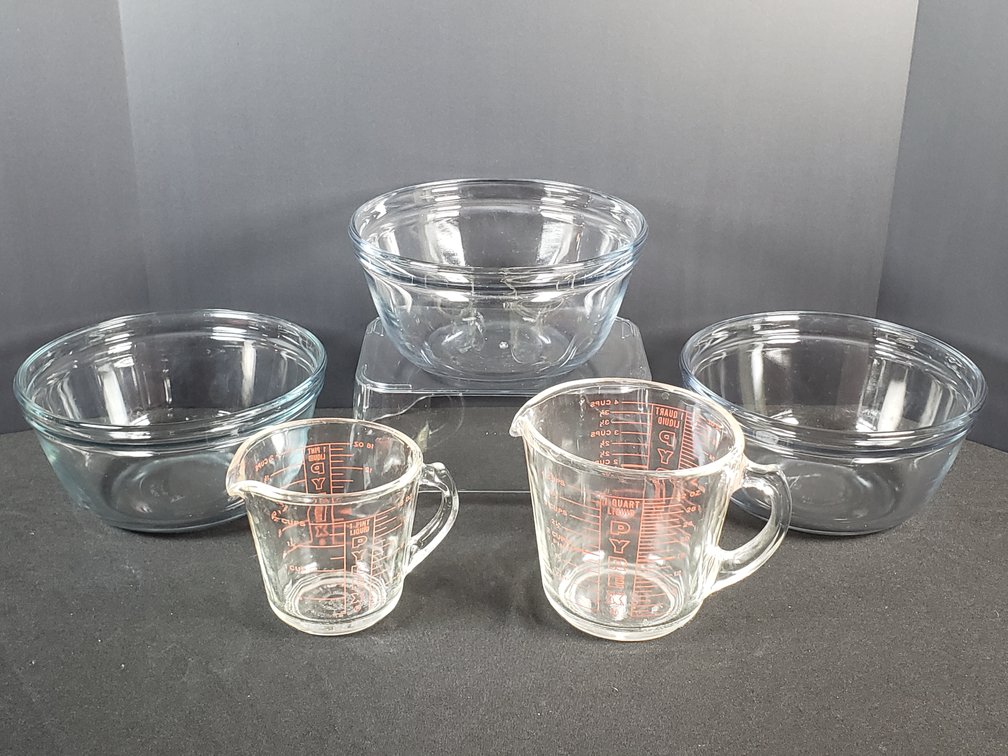 Clear Glass Mixing Bowls and Pyrex Measuring Cups
