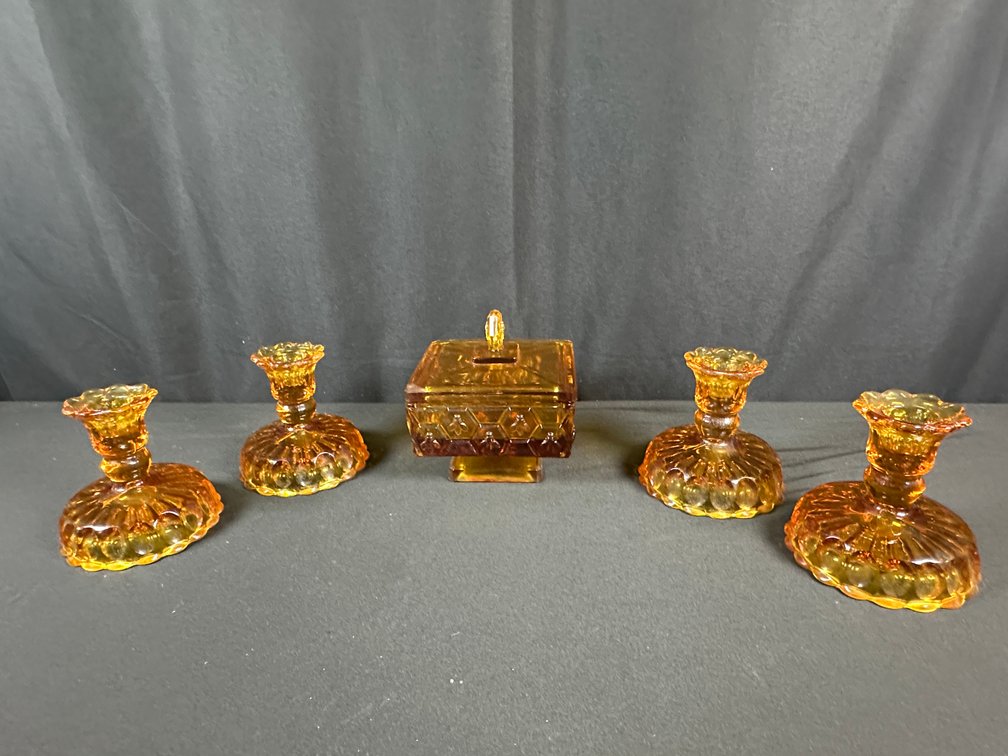 Amber Pressed Glass Covered Dish and Four Candlesticks