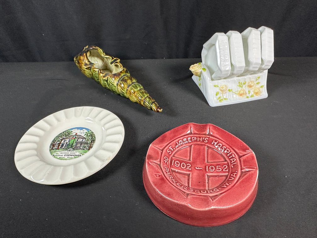 Ceramic Commemorative Ashtrays and Porcelain Caddy Set