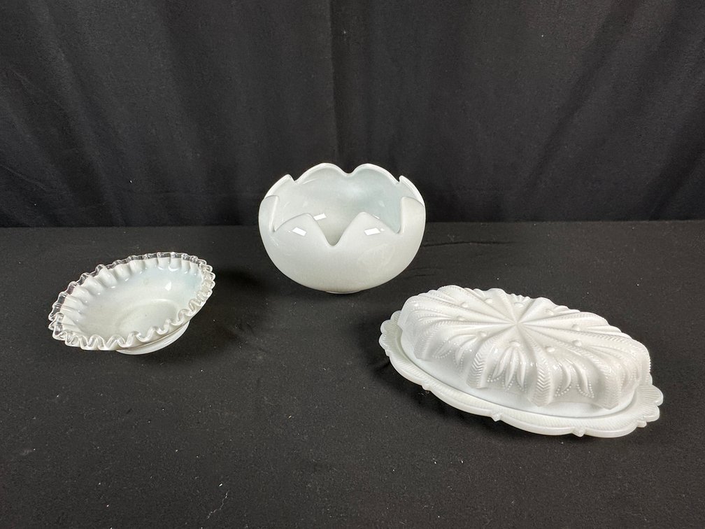 White Milk Glass Bowls and Covered Dish