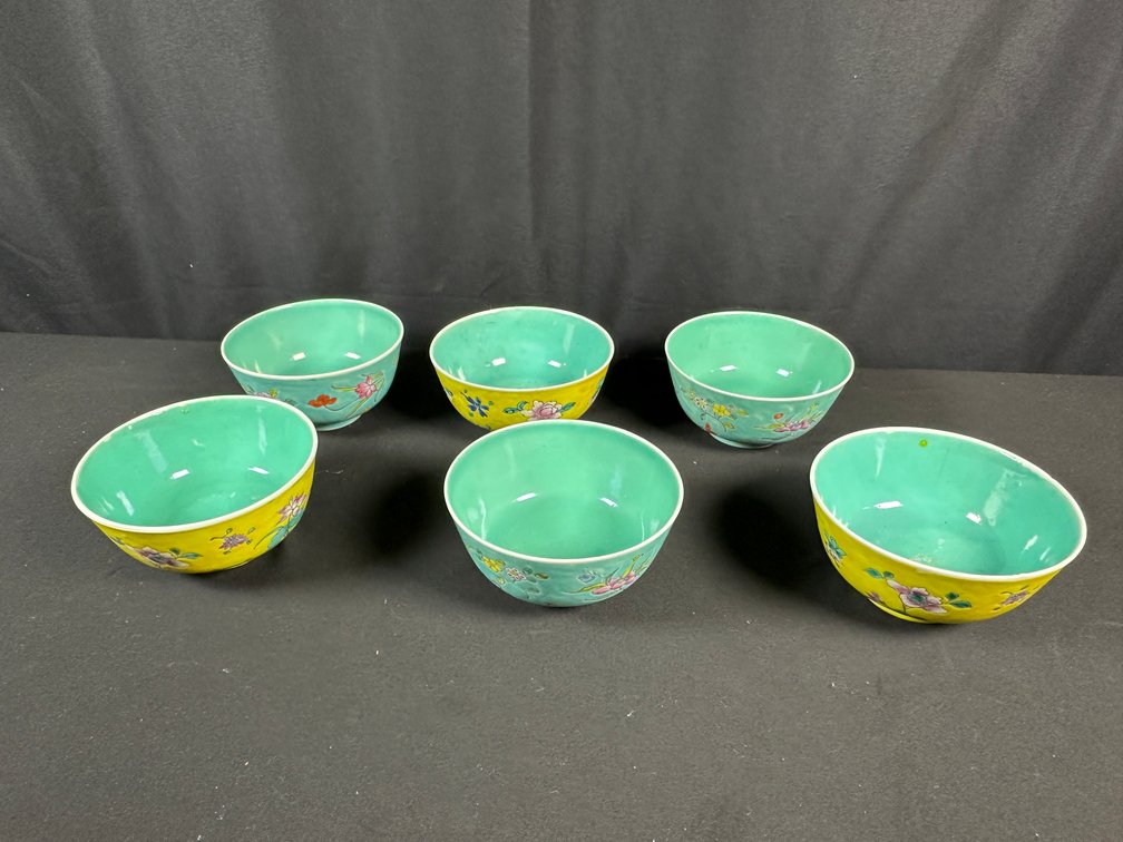 Set of Six Floral Enameled Porcelain Bowls