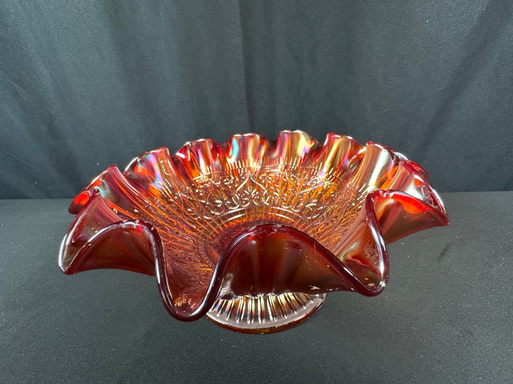 Fenton Red Carnival Glass Ruffled Pedestal Bowl